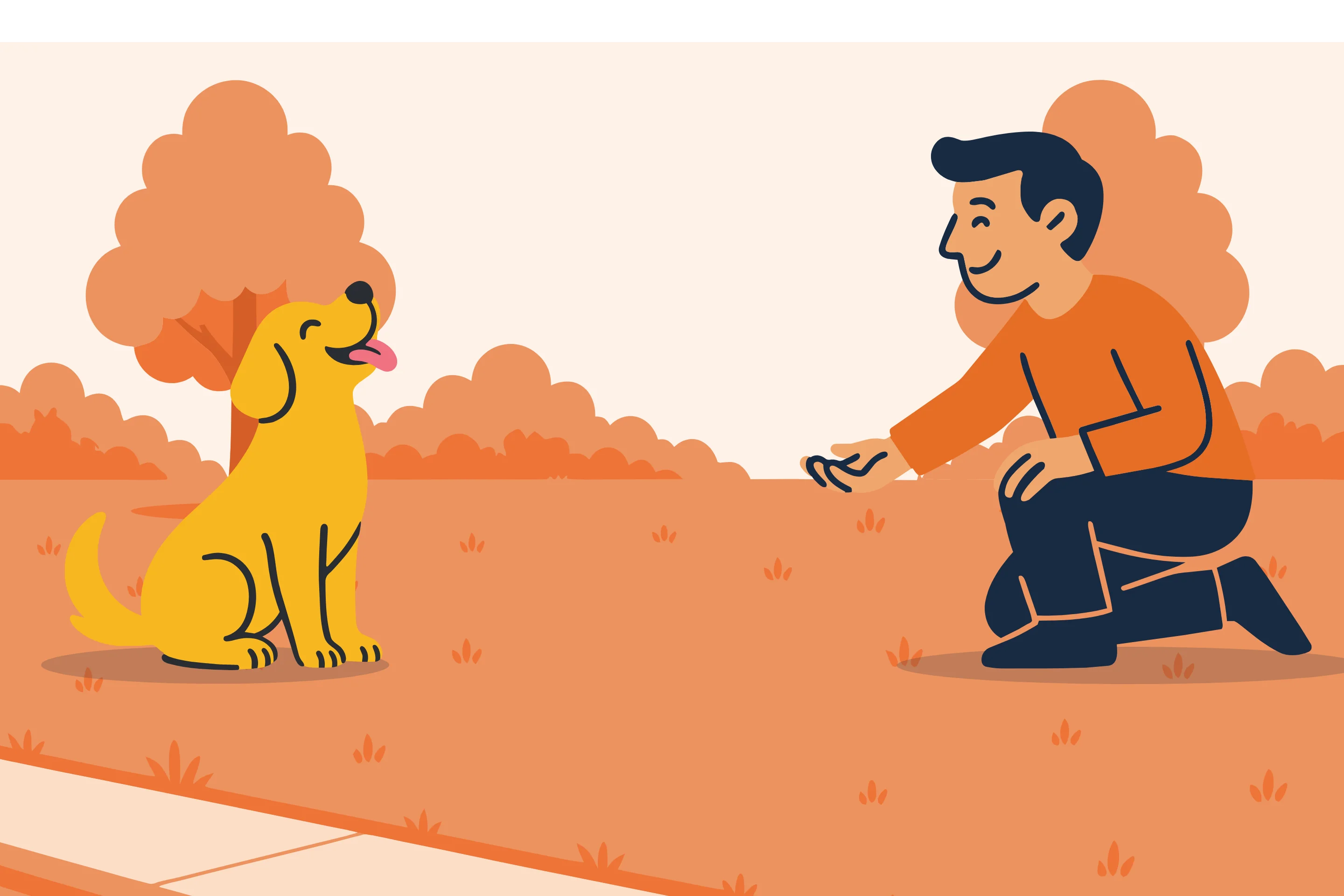 An illustrated owner kneeling to greet a sitting golden dog in an autumn park.