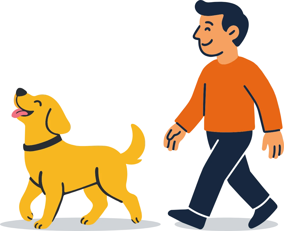 An illustrated owner walking a happy golden dog.